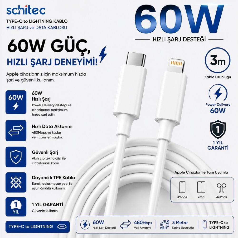 Winex 3A 60W Type-C to Lightning 3Metre Data ve Hızlı Şarj Kablosu Beyaz SX253M