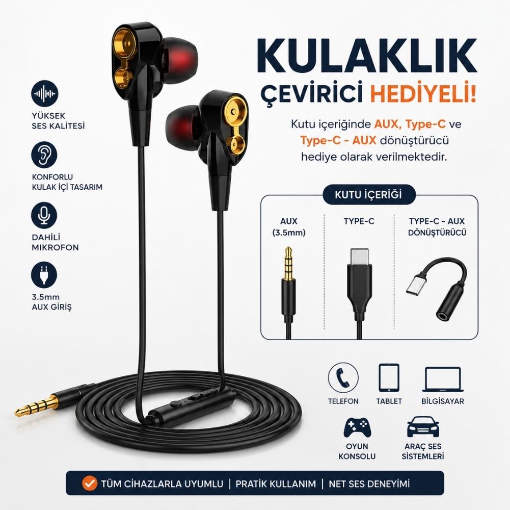 Tecno Hot Beats 3D Hifi 4 Hoparlörlü 3.5mm Jack Girişli Type-C Dönüştürücülü Mikrofonlu Kulaklık Siyah J2UC10