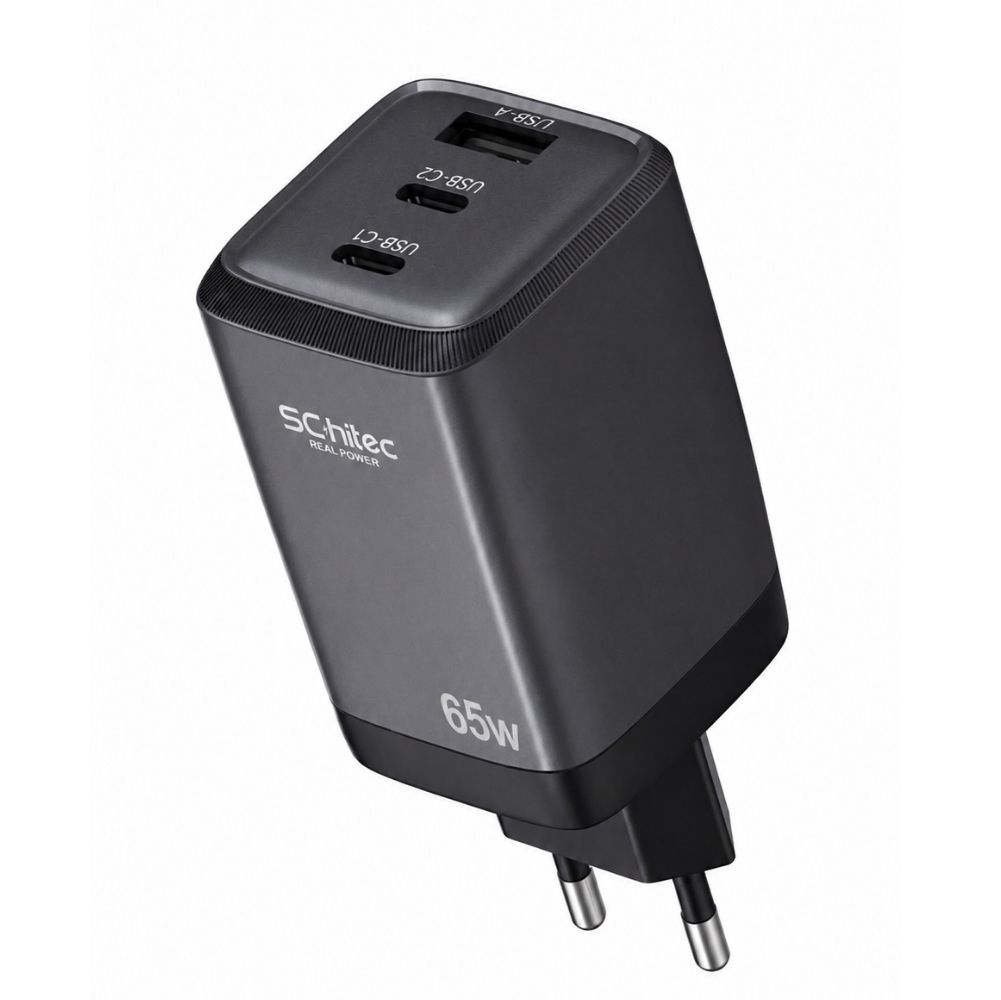 SChitec 65W GaN 3 Çıkışlı 2xType-C + UsbA QC 3.0 Hızlı Şarj Adaptörü Başlığı HG/TA-56EU