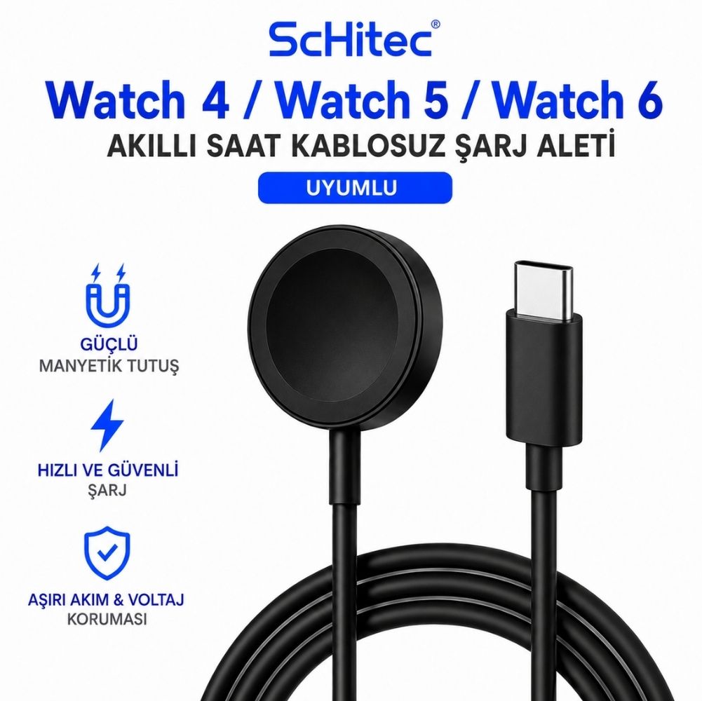 ScHitec Samsung Watch 4/Watch 5/ Watch 6 Uyumlu Type-C Girişli Fast Charge Akıllı Saat Şarj Cihazı 