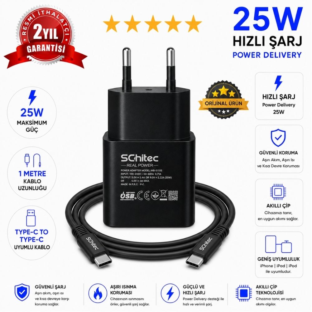 SChitec 25W Type-C Çıkışlı Hızlı Şarj Aleti Type-C to Type-C Kablolu Set Siyah SC006