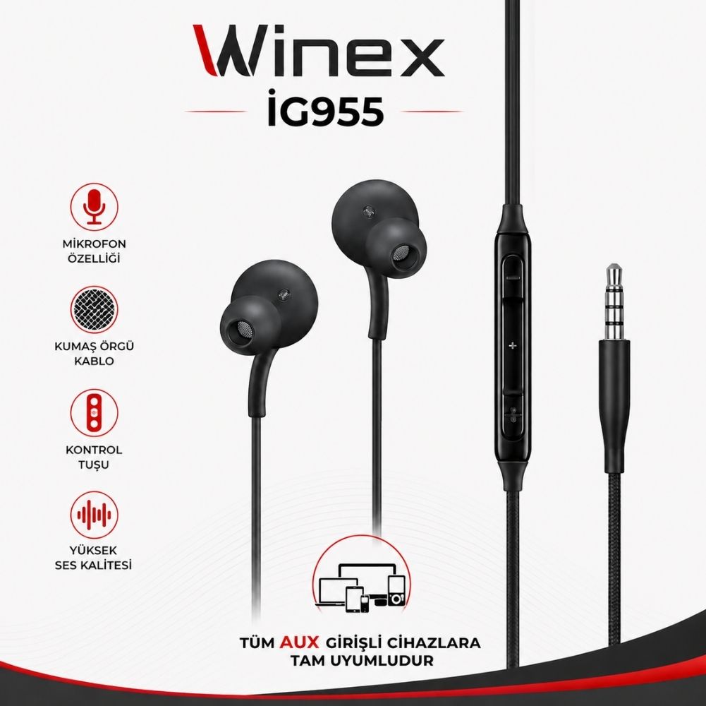 Winex İg955 Mikrofonlu Kablolu Kulaklık 3.5mm Siyah