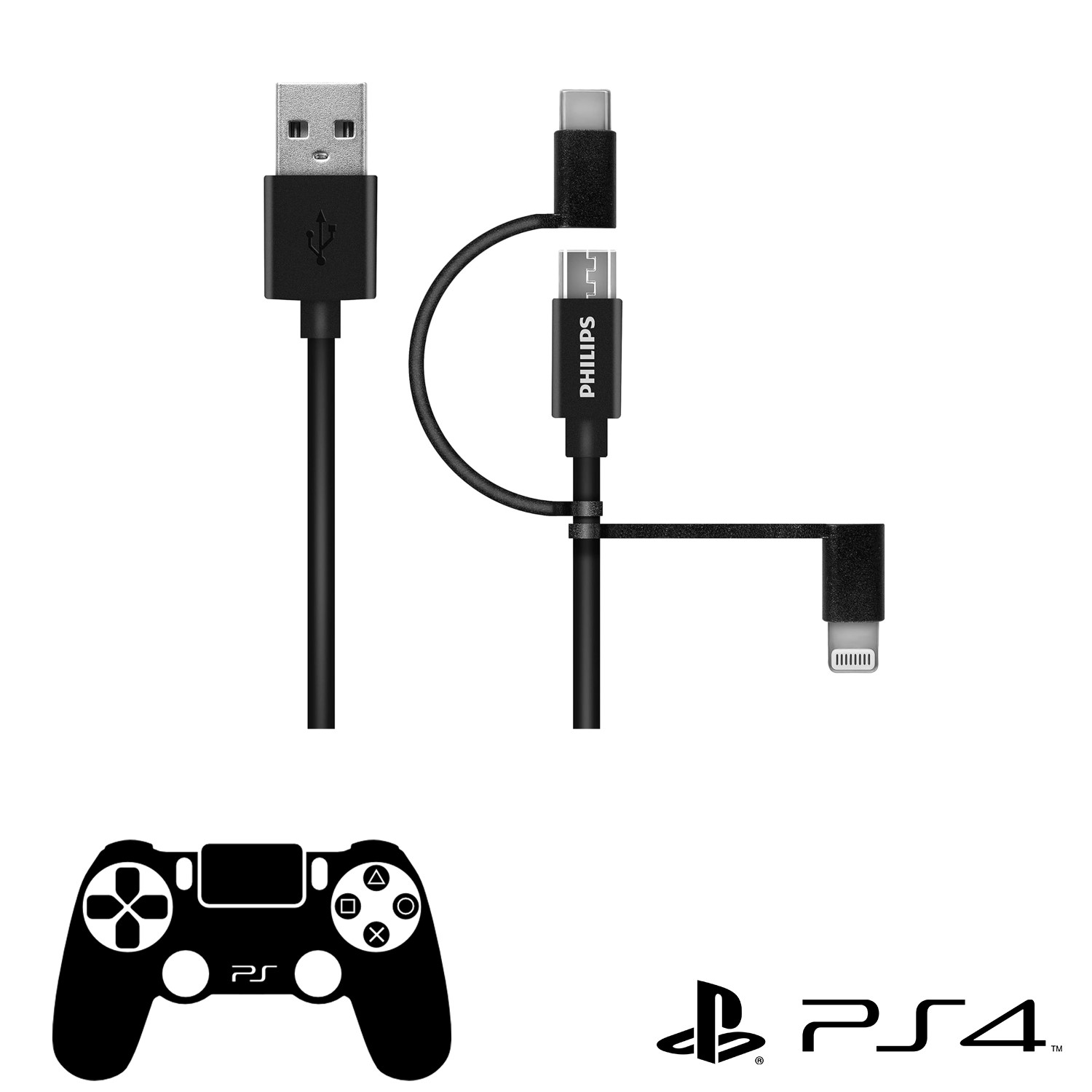 Philips Playstation 4/5 İle Uyumlu Joystick Şarj Kablosu 3in1 Micro Usb-Lightining-Type-C Hızlı Şarj Kablosu 2m DLC3106T