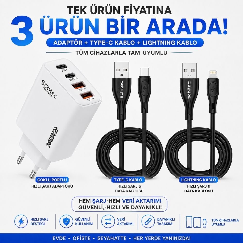 SChitec 100W Hızlı Şarj Adaptörü + USB-A to Type-C + USB-A to Lightning Hızlı Şarj ve Data Kablosu 