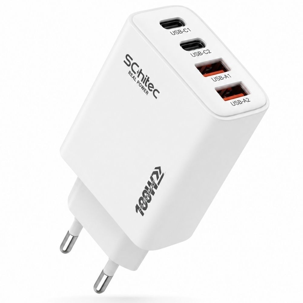 SChitec Süper 100W 4 Çıkışlu 2 Type-C + 2 UsbA QC 3.0 Süper Hızlı Şarj Adaptörü Başlığı 