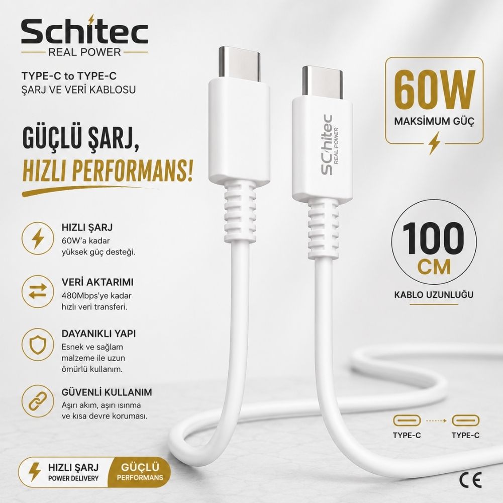 SChitec 60W Type-C to Type-C Data ve Hızlı Şarj Kablosu Telefon, Tablet, Laptop Uyumlu Beyaz SK006