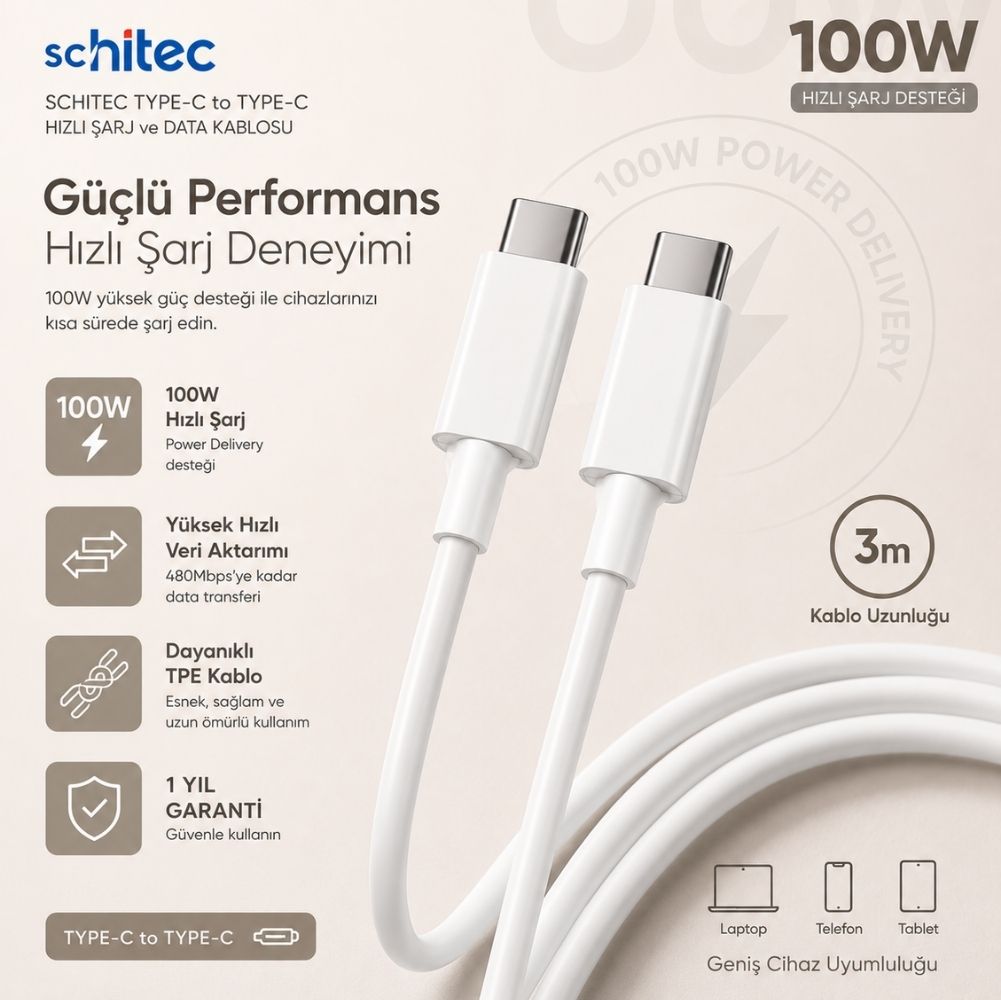 ScHitec 6A 100W Type-C to Type-C 3Metre Süper Hızlı Data ve Şarj Kablosu