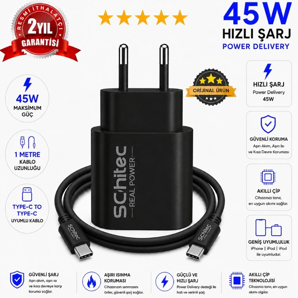 SChitec 45W Çıkışlı Hızlı Şarj Aleti Type-C to Type-C Kablolu Set Siyah SC008