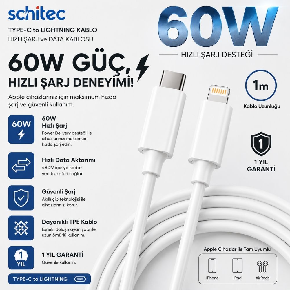 Winex 3A 60W Type-C to Lightning 1Metre Data ve Hızlı Şarj Kablosu Beyaz SX251M
