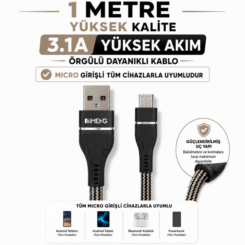 İmeng 3.1A UsbA to Micro Örgülü Data ve Hızlı Şarj Kablosu ML108 Siyah