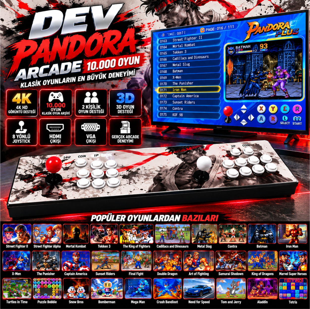 ScHitec M10C Dev Pandora Arcade 10.000 Oyun 4K HD 2 Kişilik Büyük Boy Retro Oyun Konsolu
