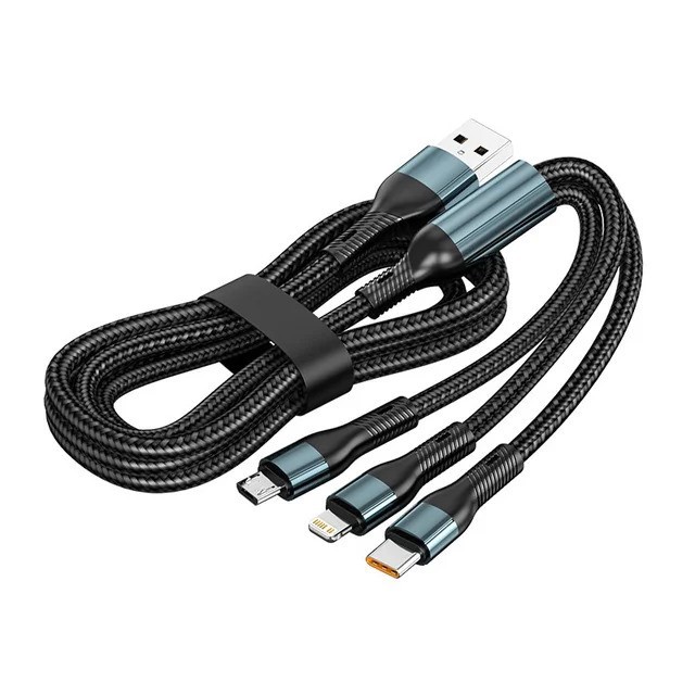 ScHitec 3in1 Lightning, Type-C, Micro Çıkışlı Örgülü Hızlı Data ve Şarj Kablosu 1.2m Siyah 