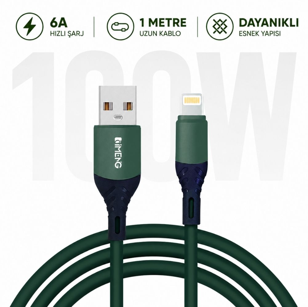 İmeng 6A 100W UsbA to Lightning Data ve Hızlı Şarj Kablosu ML60 Yeşil