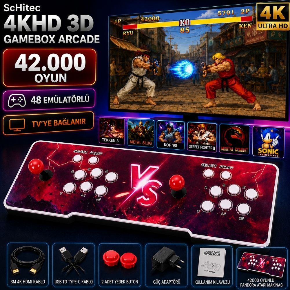 ScHitec 4KHD 3D Gamebox Arcade 48 Emülatörlü Oyun Konsolu Pandora Atari Makinası 42000 Oyunlu TV Baglanan