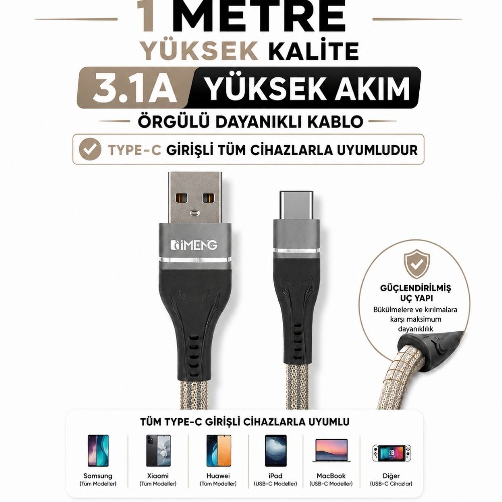 İmeng 3.1A UsbA to Type-C Örgülü Data ve Hızlı Şarj Kablosu ML108 Gri